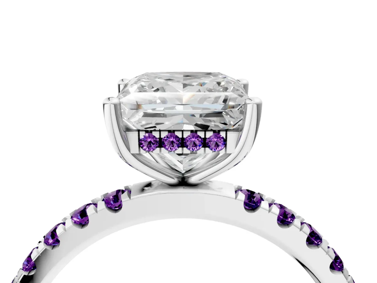 Princess Cut Diamond Pave Band Solitaire Ring with Round Amethyst and Prong Setting Silver