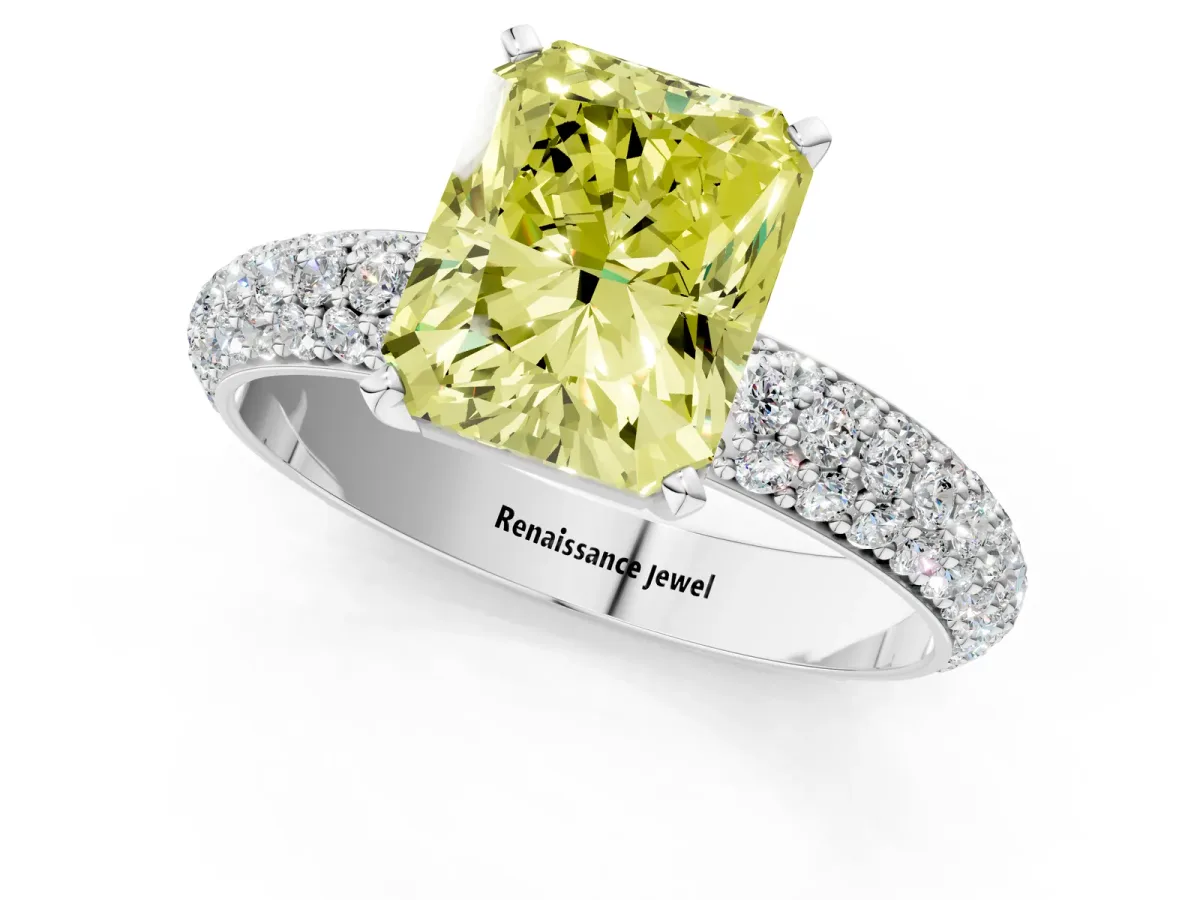 Fancy Yellow Radiant Cut Diamond Solitaire Ring with Prong Setting and Pavé Band Platinum