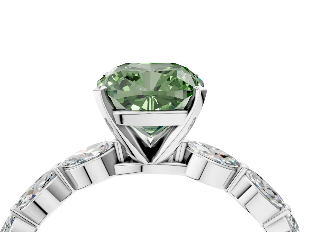 Fancy Green Cushion Cut Diamond Ring with Marquise Side Stones and Prong Setting Platinum
