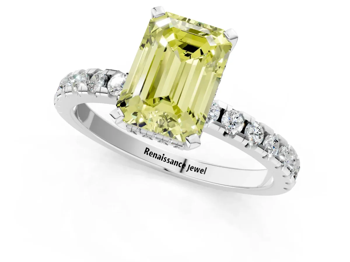 Fancy Yellow Emerald Cut Diamond Solitaire Ring with Round Pavé Band and Four-Prong Setting Platinum