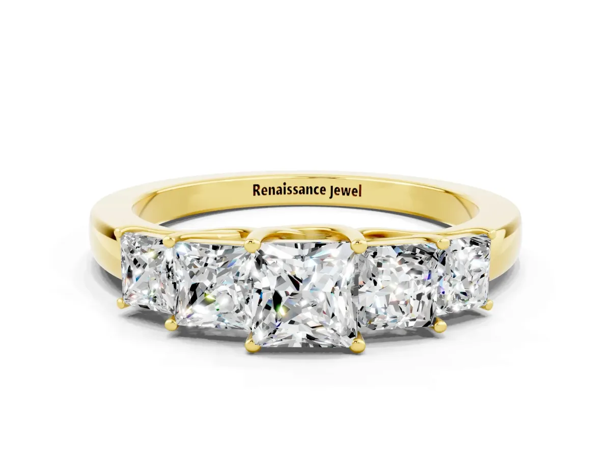 Princess Cut Five-Stone Moissanite Ring with Classic Prong Setting Yellow gold