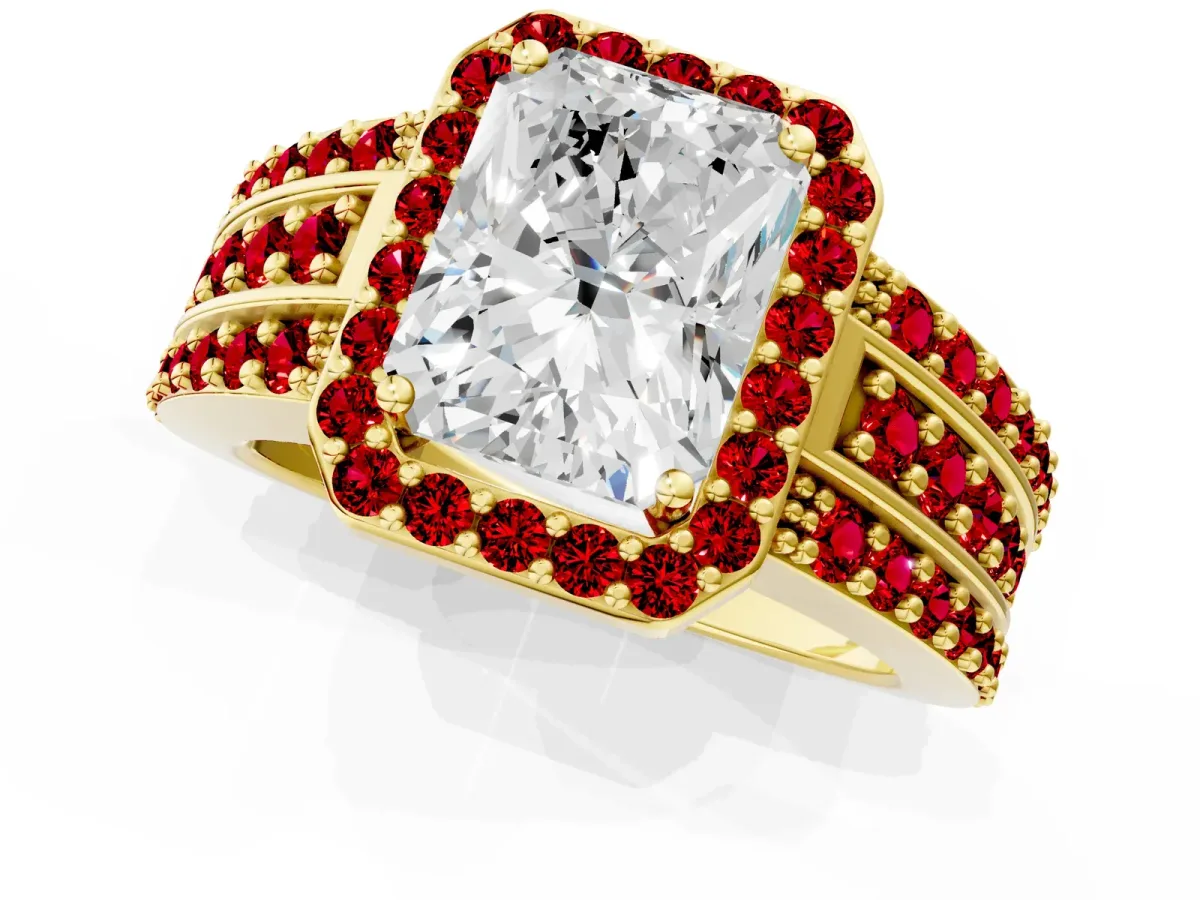 Radiant Cut Halo Diamond Ring with Round Ruby Split Shank and Prong Setting Yellow gold