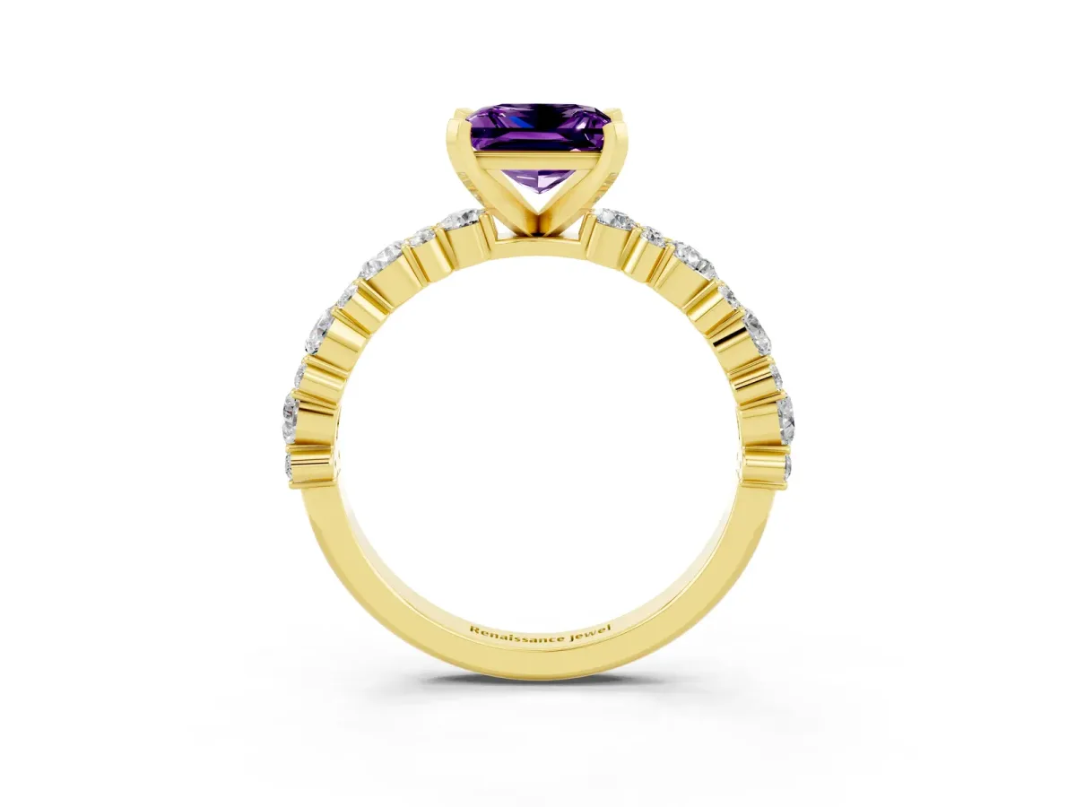 Princess Cut Amethyst Side Stone Solitaire Ring with Round and Four-Prong Setting Yellow gold