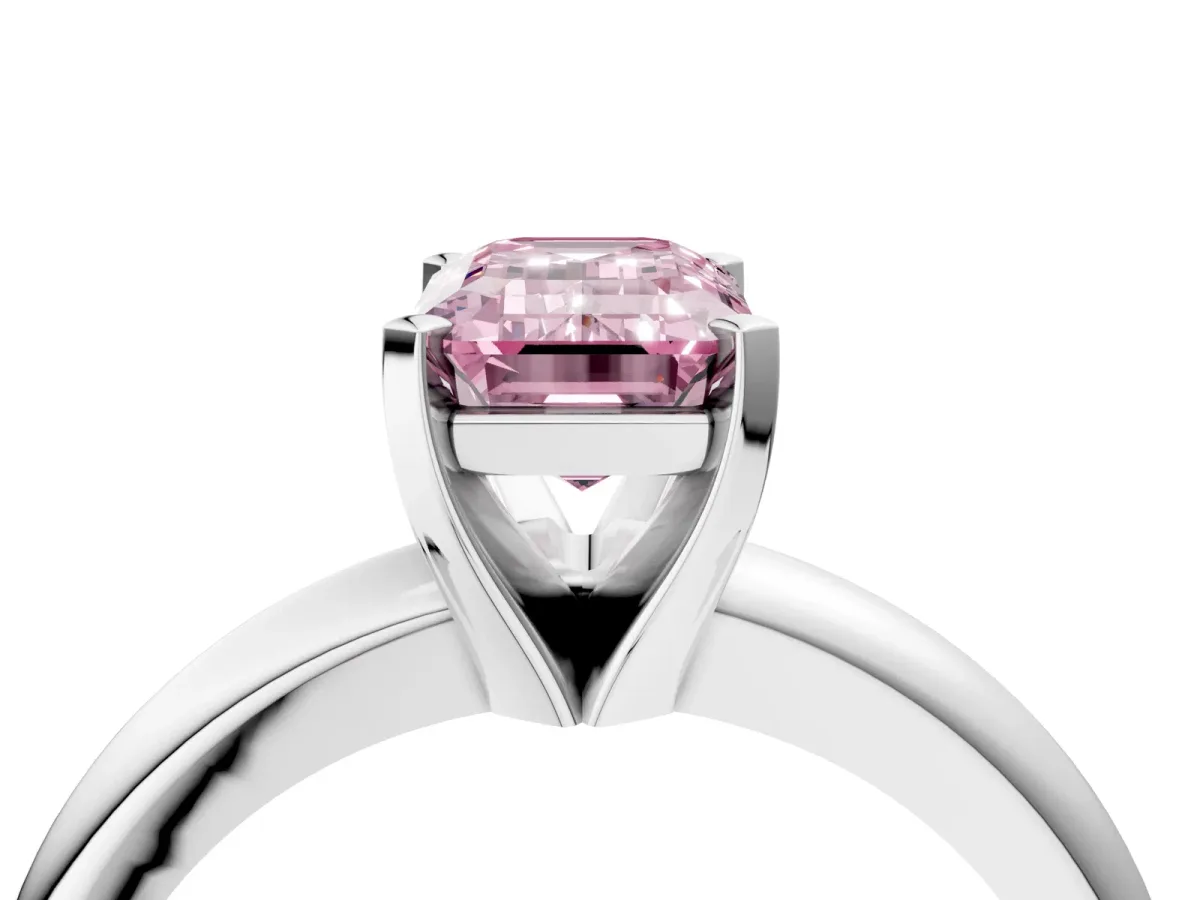 Fancy Pink Emerald Cut Diamond Solitaire Engagement Ring with Round Band and Four-Prong Setting Silver