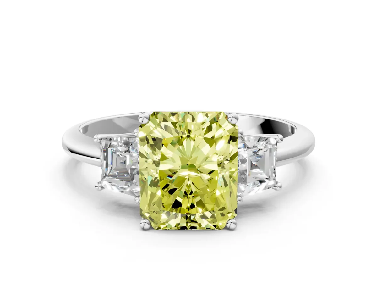 Fancy Yellow Radiant Cut Diamond Three-Stone Ring with Trapezoid Side Stones and Prong Setting Silver