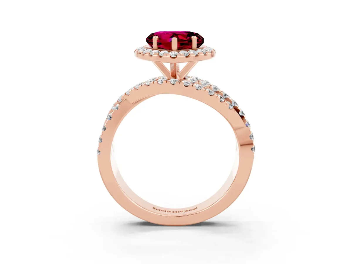 Heart Cut Garnet Halo Ring with Round Split Shank and Prong Setting Rose gold