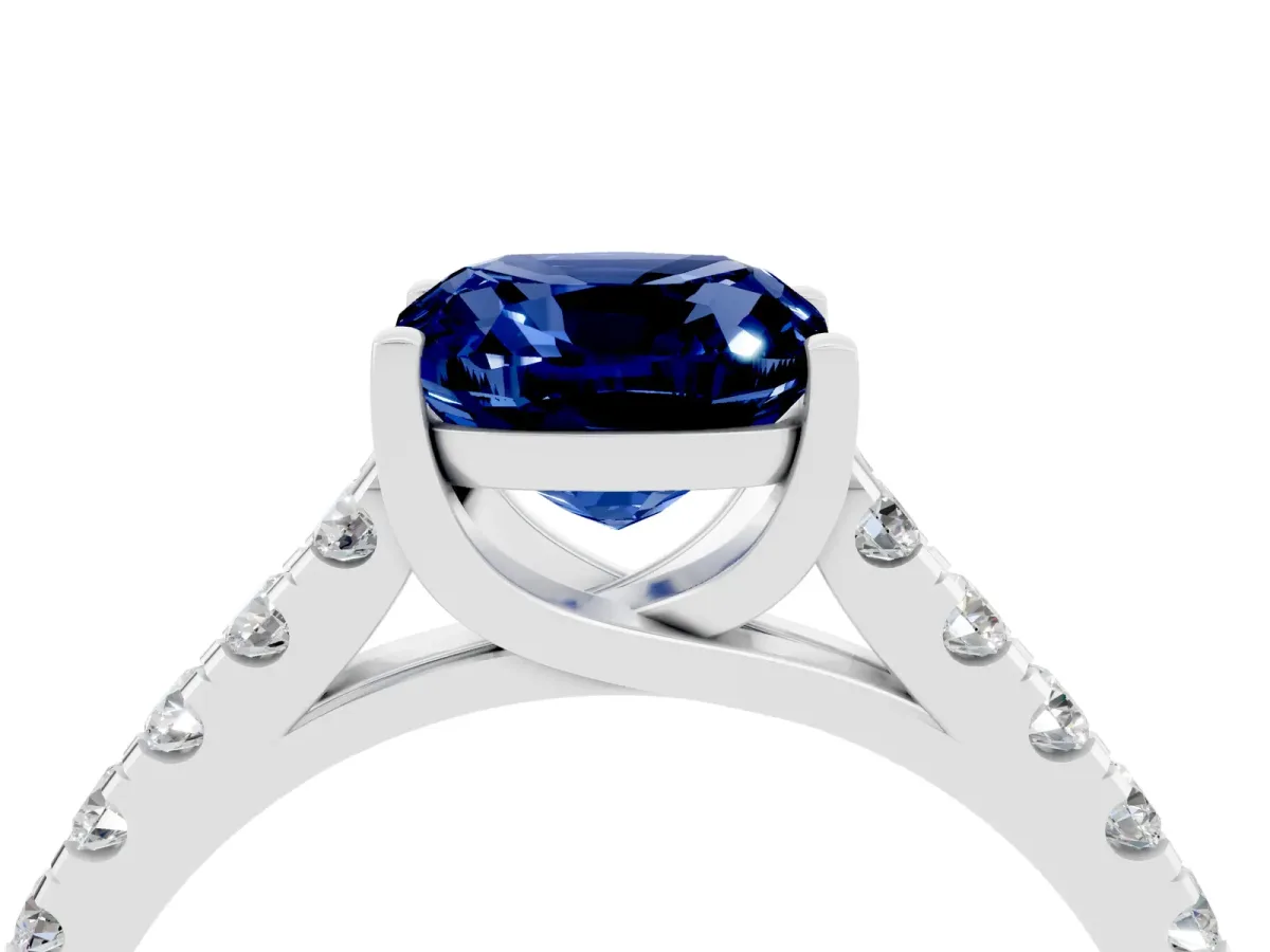 Cushion Cut Blue Sapphire Pavé Band Solitaire Ring with Prong Setting Platinum