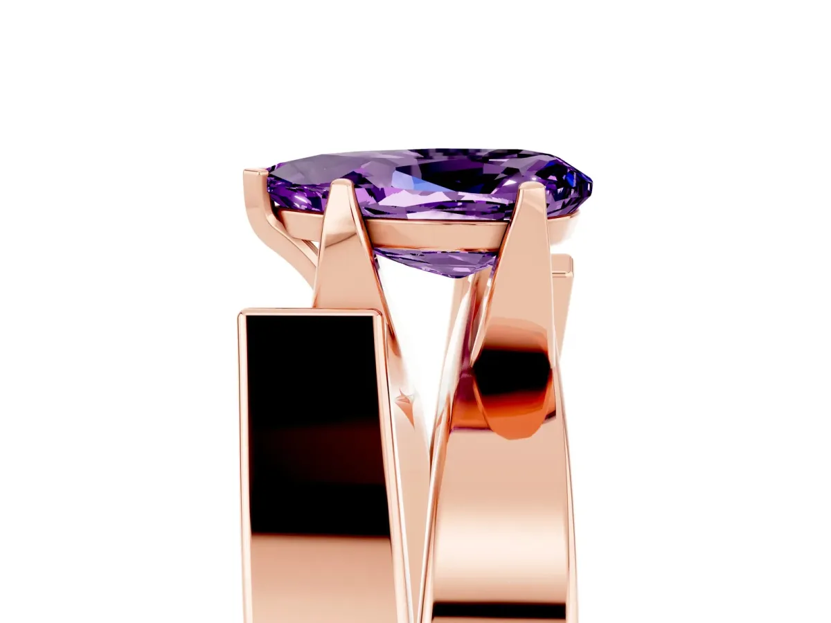 Modern Tension Set Pear Cut Amethyst Solitaire Wide Band Ring Rose gold