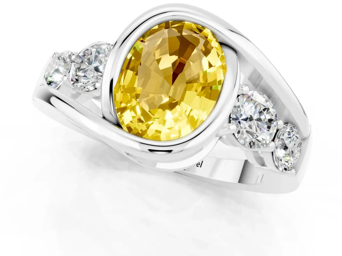 Bezel Set Oval Cut Yellow Sapphire Bypass Ring with Round Accents Silver