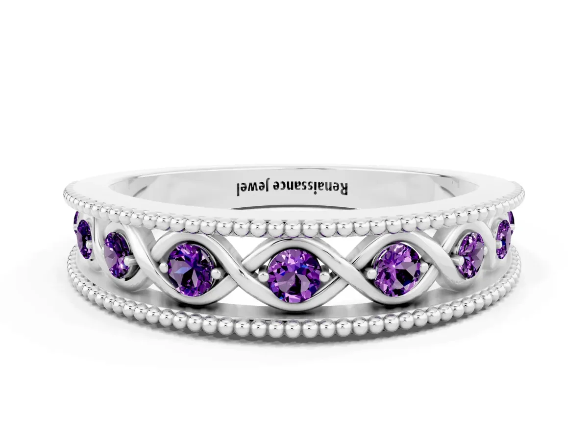 Round Amethyst Twist Milgrain Band with Bezel Setting White gold