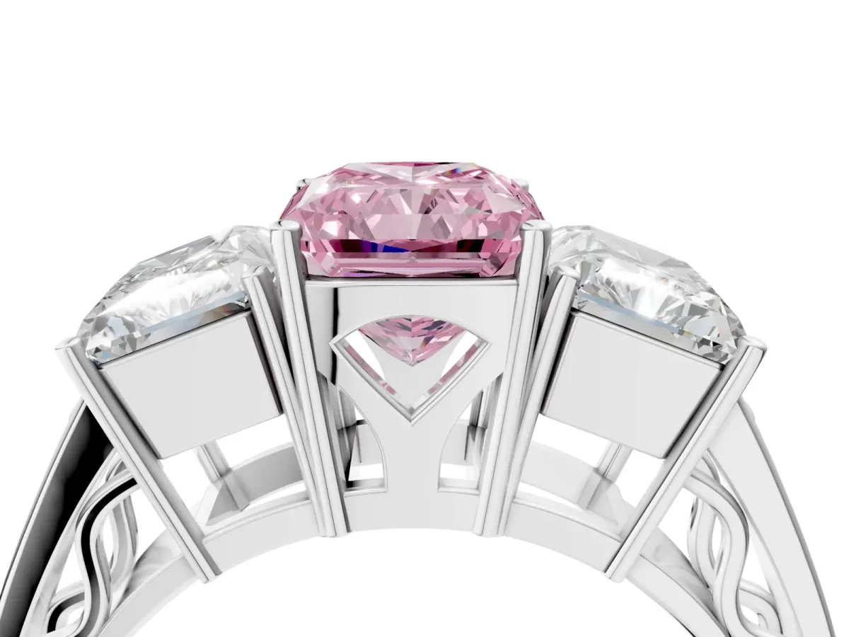 Fancy Pink Radiant Cut Diamond Three-Stone Ring with Prong Setting and Textured Band Platinum