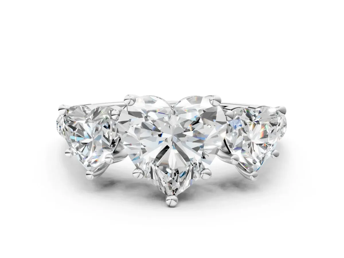 Three-Stone Heart Cut Diamond Ring with Round Moissanite Pavé Band and Prong Setting Silver