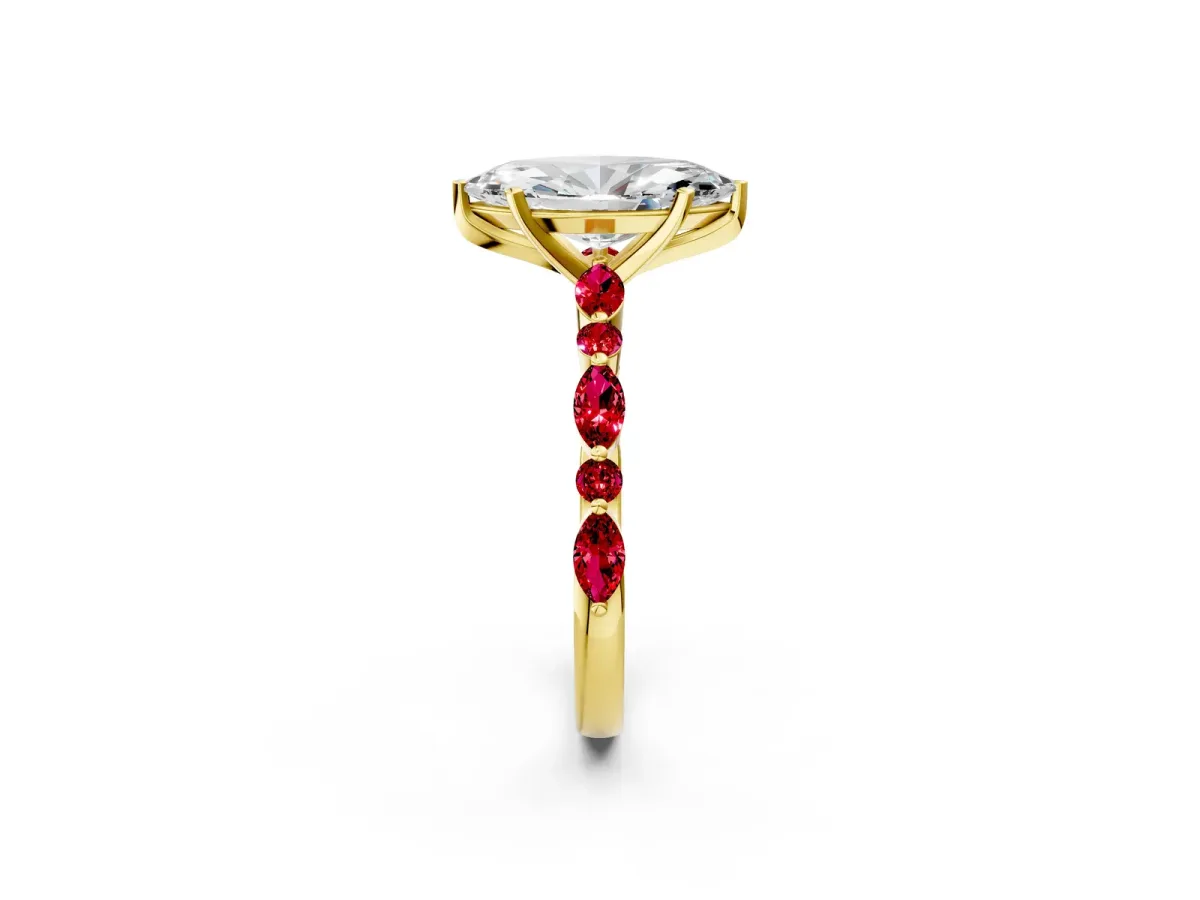Marquise Cut Diamond Ring with Marquise and Round Ruby Side Stones and Four-Prong Setting Yellow gold