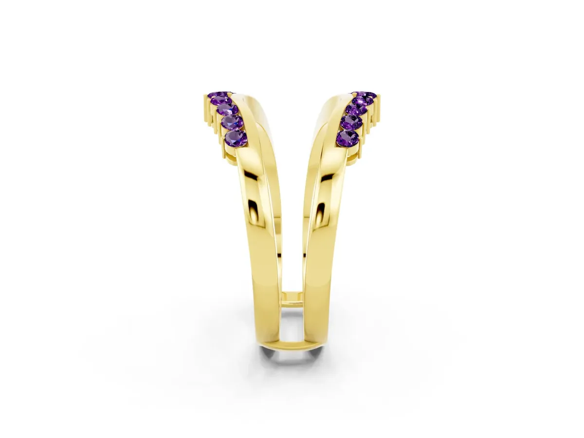 Round Amethyst Chevron Contour Band with Prong Setting Yellow gold