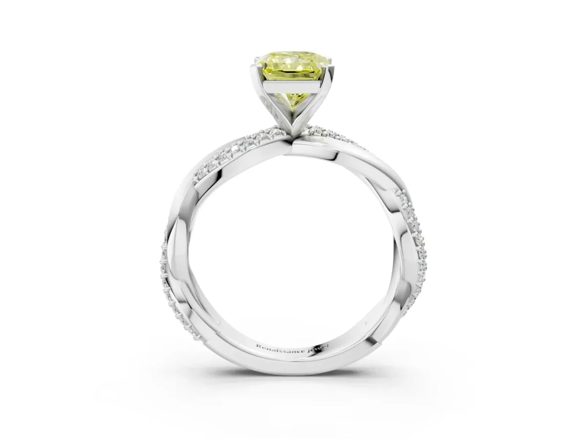 Fancy Yellow Radiant Cut Solitaire Twist Band with Pave Prong Setting Platinum