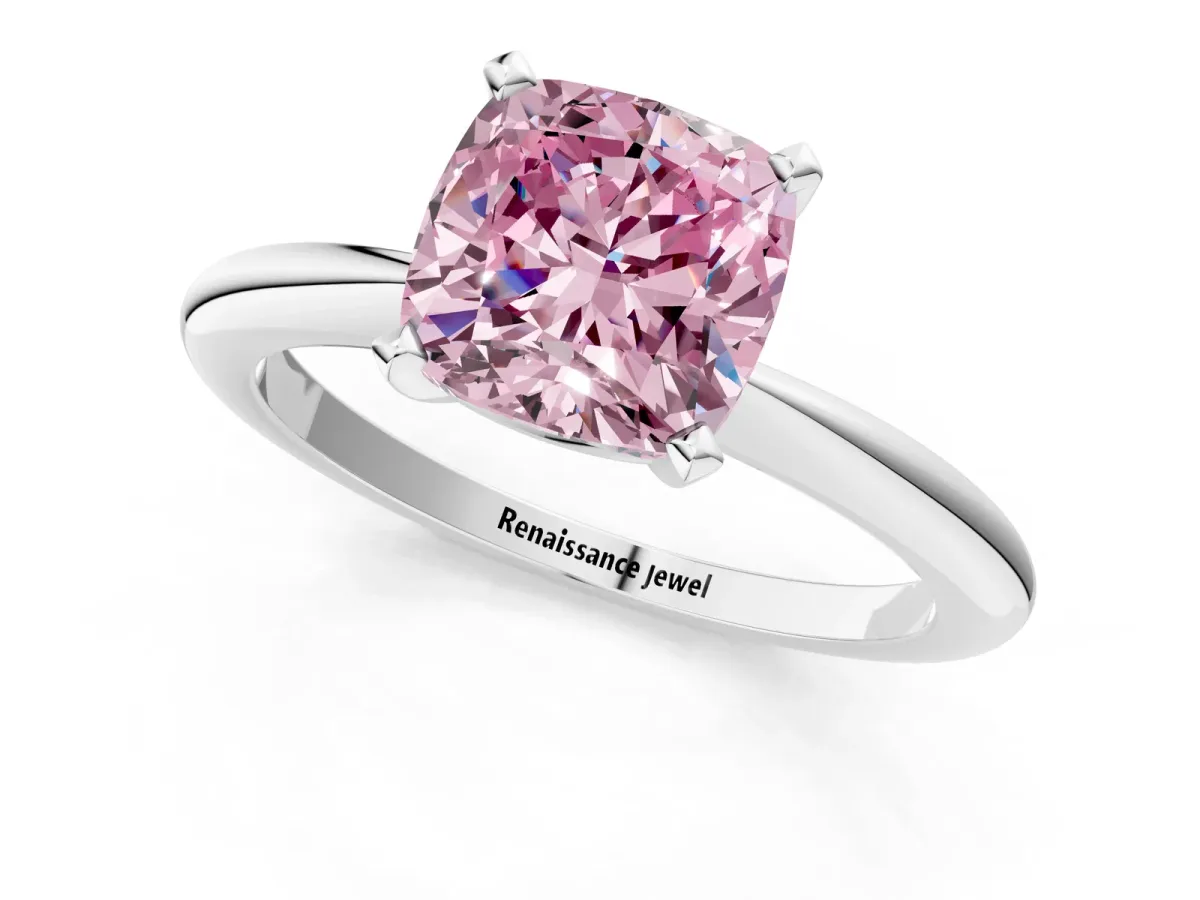 Fancy Pink Cushion Cut Diamond Solitaire Ring with Six-Prong Setting and Classic Band Silver
