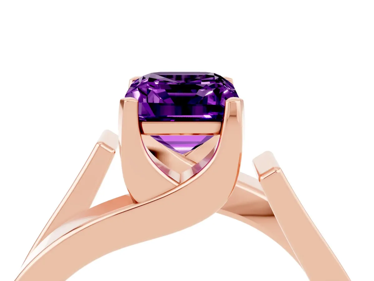 Modern Tension Set Emerald Cut Amethyst Solitaire Wide Band Ring Rose gold