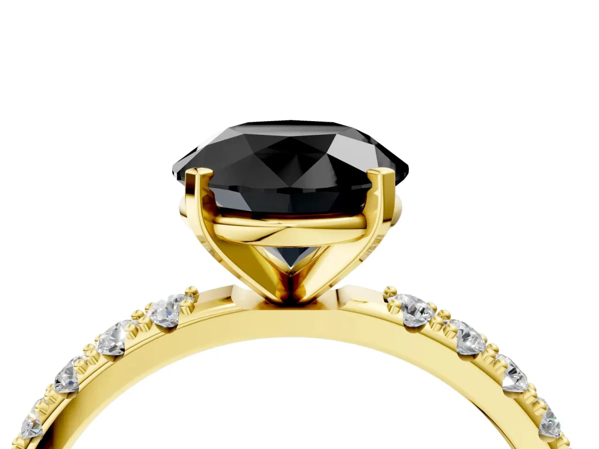 Fancy Black Round Cut Diamond Solitaire Pavé Band with Four-Prong Setting Yellow gold