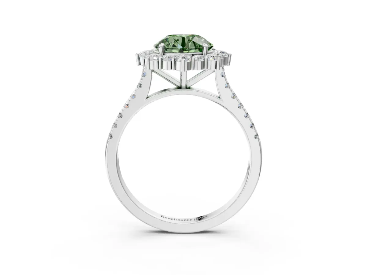 Fancy Green Round Cut Halo Diamond Ring with Pavé Band and Prong Setting Silver