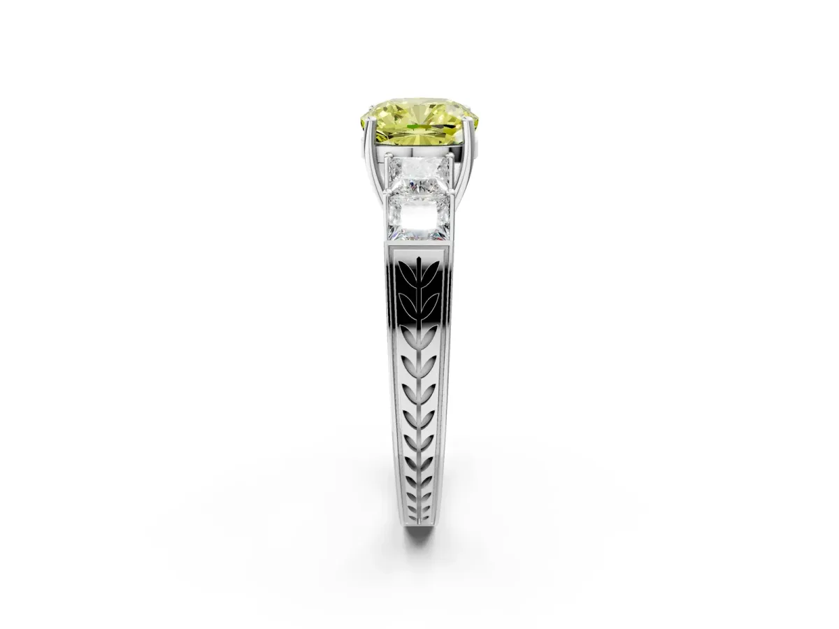 Fancy Yellow Cushion Cut Solitaire Princess Side Stone Engraved Band Prong Setting Ring Silver