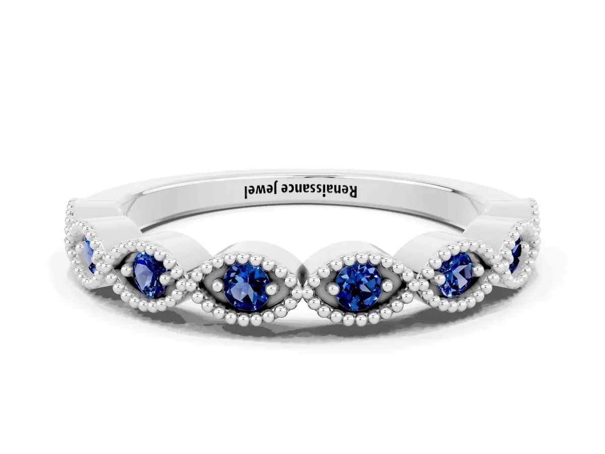 Milgrain Marquise Blue Sapphire Half Eternity Band with Bezel Setting Platinum