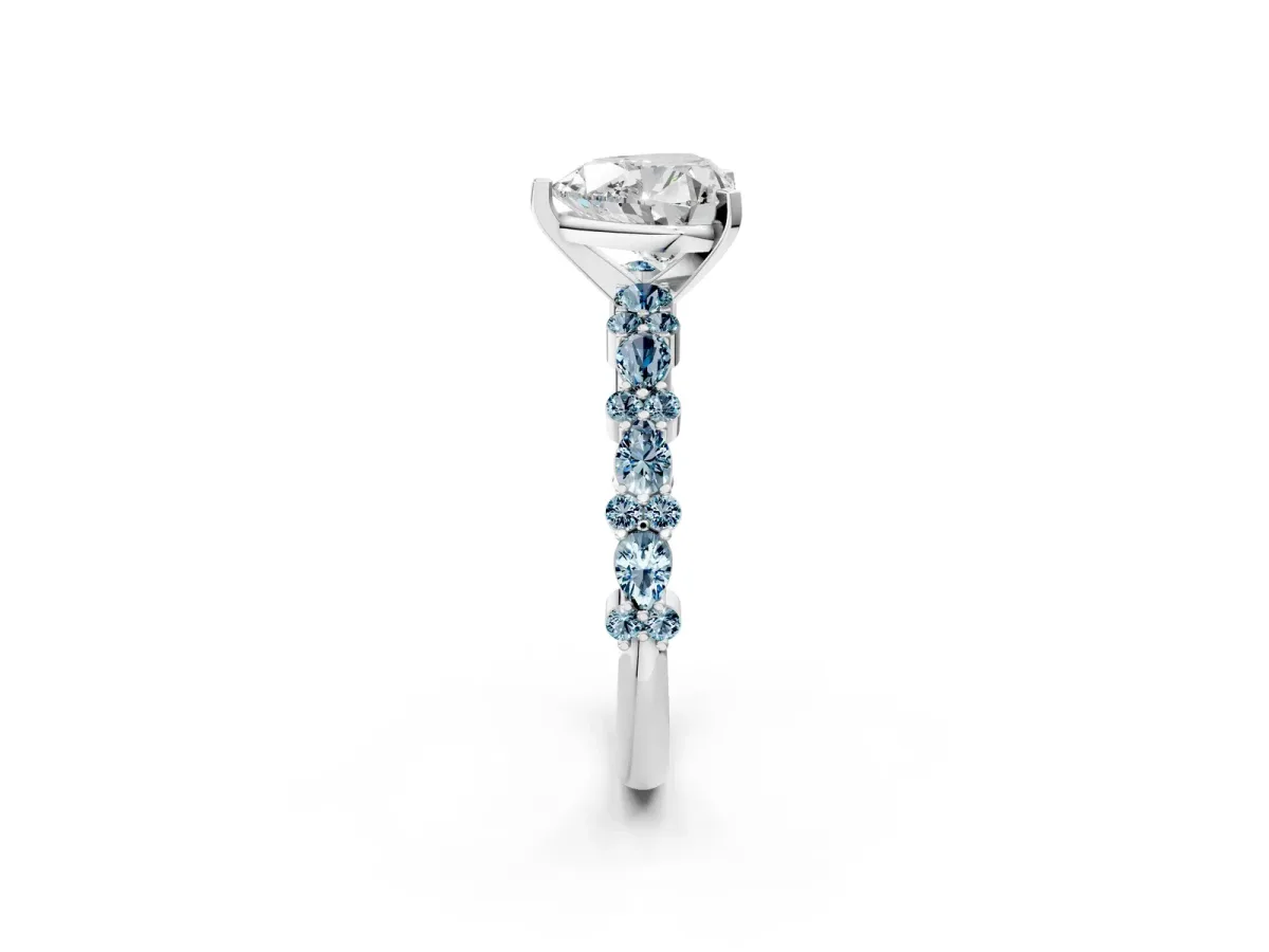 Heart Cut Diamond Side Stone Solitaire Ring with Round Aquamarine and Four-Prong Setting Silver