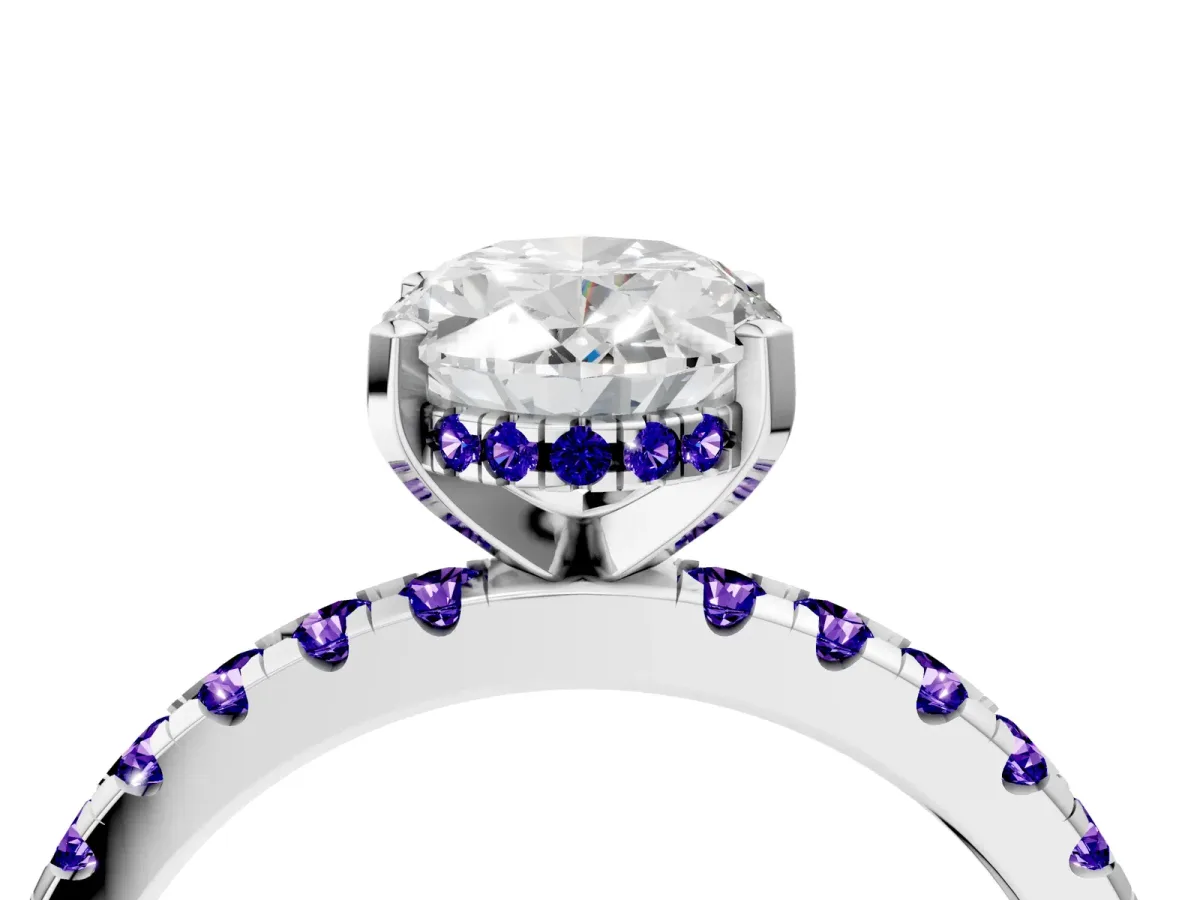Oval Cut Diamond Solitaire Ring with Round Tanzanite Pavé Band and Four-Prong Setting Silver