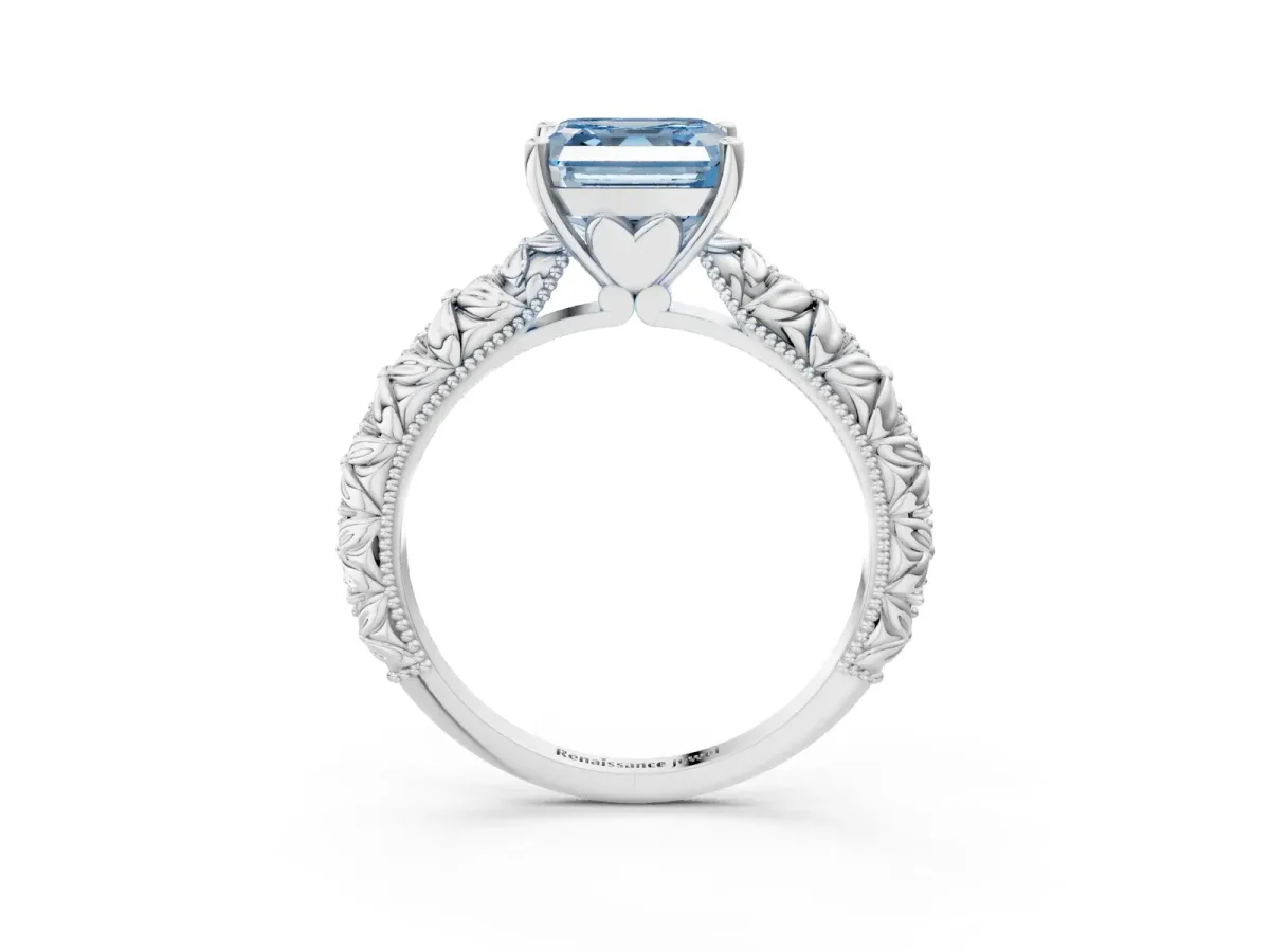 Fancy Blue Asscher Cut Solitaire Floral Milgrain Engagement Ring Platinum