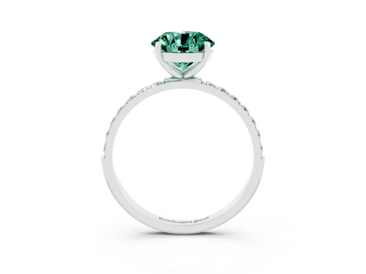 Round Cut Green Sapphire Solitaire Ring with Round Pavé Band and Prong Setting Silver