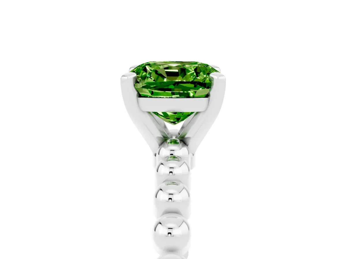 Cushion Cut Peridot Solitaire Ring with Beaded Band and Prong Setting Platinum