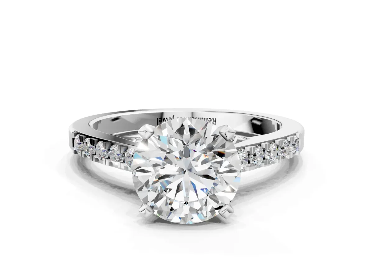 Round Cut Diamond Solitaire Ring with Crossover Gallery and Round Pavé Band Silver