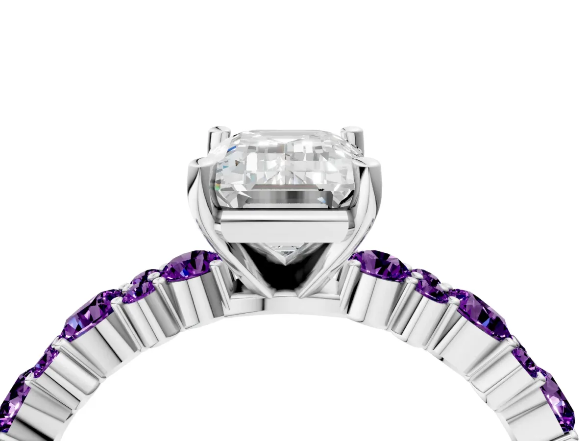Emerald Cut Diamond Side Stone Solitaire Ring with Round Amethyst and Four-Prong Setting Silver