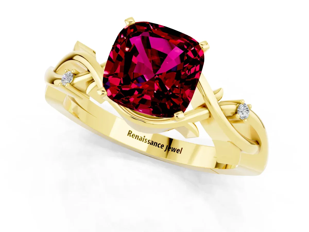 Cushion Cut Garnet Solitaire Ring with Twisted Band and Prong Setting Yellow gold