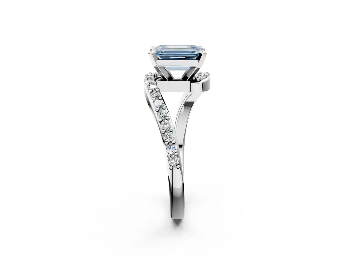 Fancy Blue Emerald Cut Solitaire Twist Band with Pave Set Diamonds and Four-Prong Setting Platinum