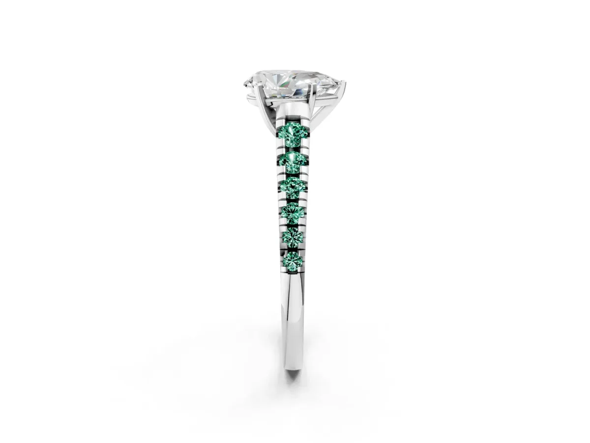 Pear Cut Diamond Cathedral Solitaire Ring with Round Green Sapphire Pavé Band Silver