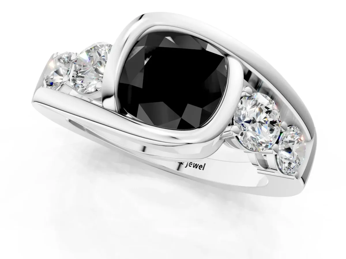 Fancy Black Bezel Set Cushion Cut Diamond Bypass Ring with Round Accents Platinum