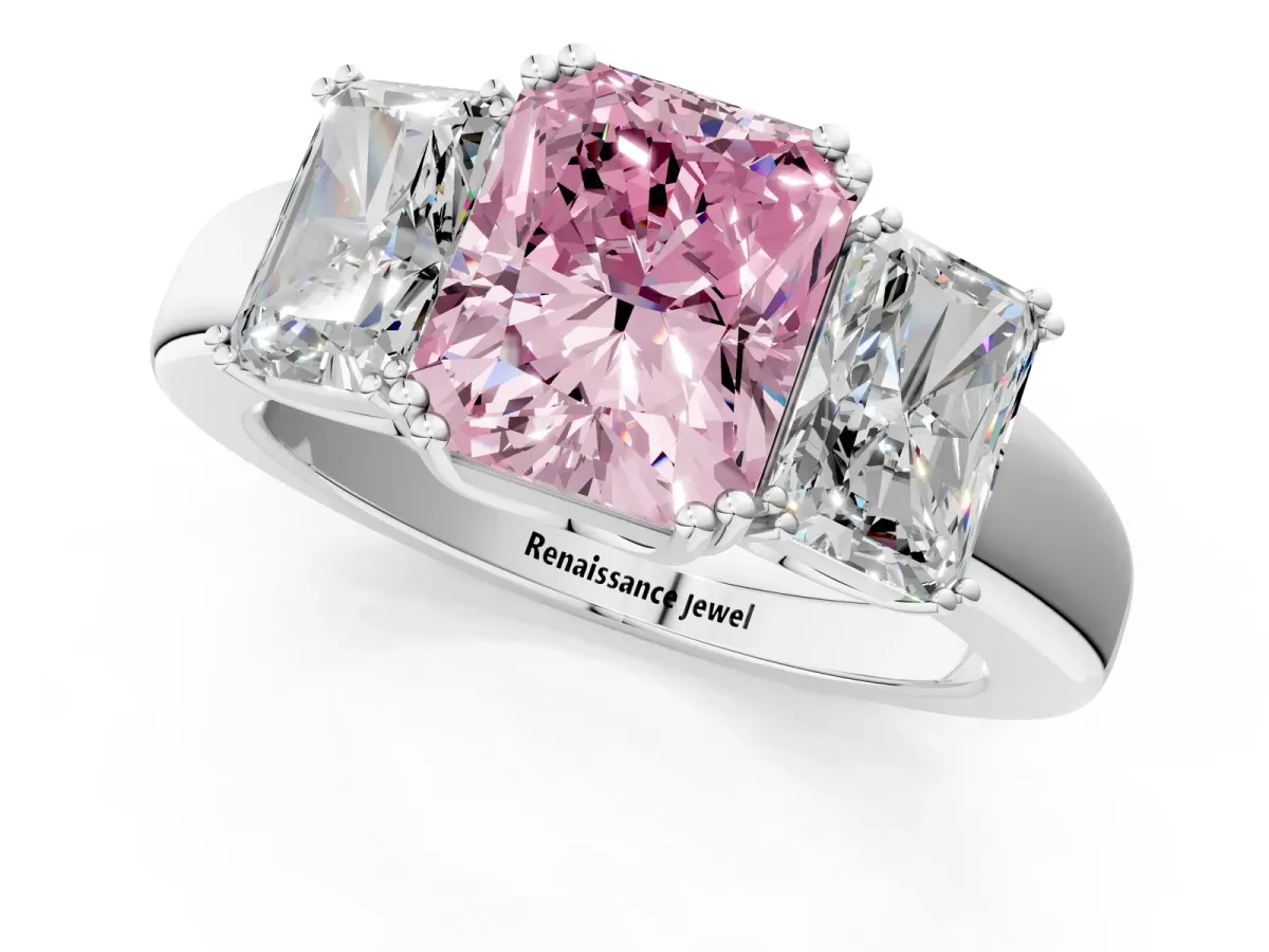 Fancy Pink Three-Stone Radiant Cut Cut Diamond Ring with Channel Set Band and Four-Prong Setting Silver