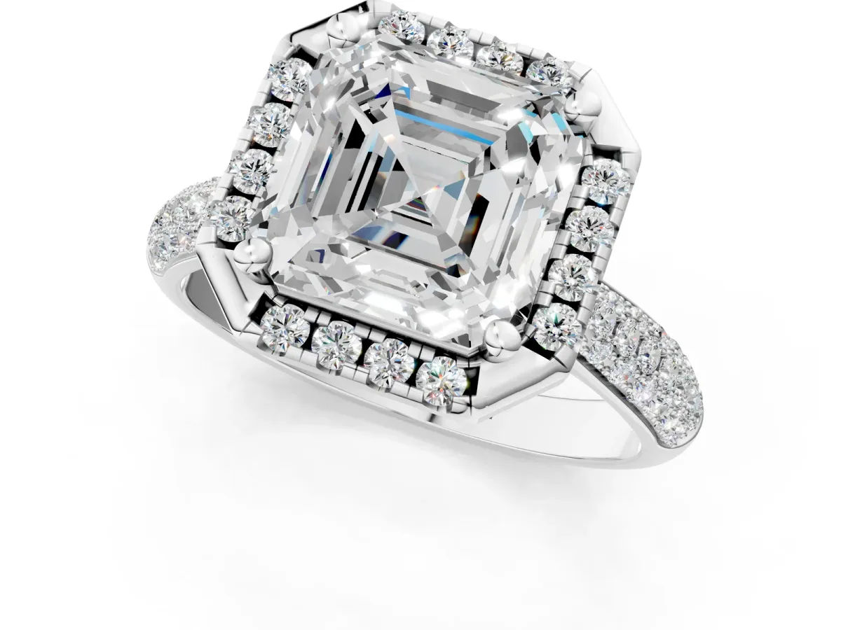 Asscher Cut Cut Halo Pave Band Four-Prong Setting Ring Platinum