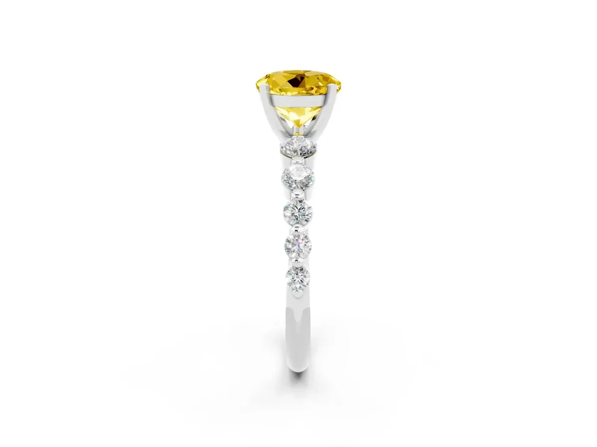 Round Cut Solitaire Yellow Sapphire Ring with Pave Band and Four-Prong Setting Silver