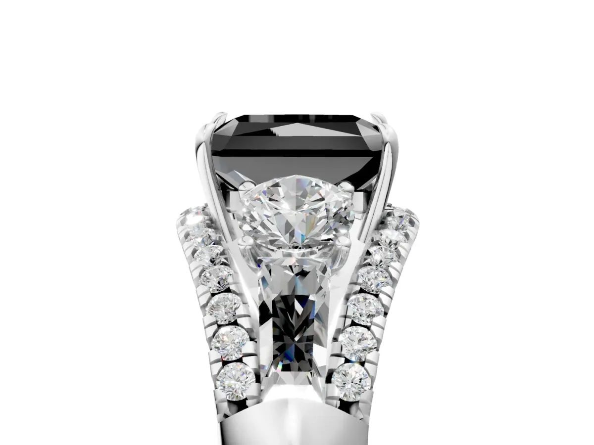 Fancy Black Three-Stone Radiant Cut Diamond Engagement Ring with Pave Band and Prong Setting Platinum