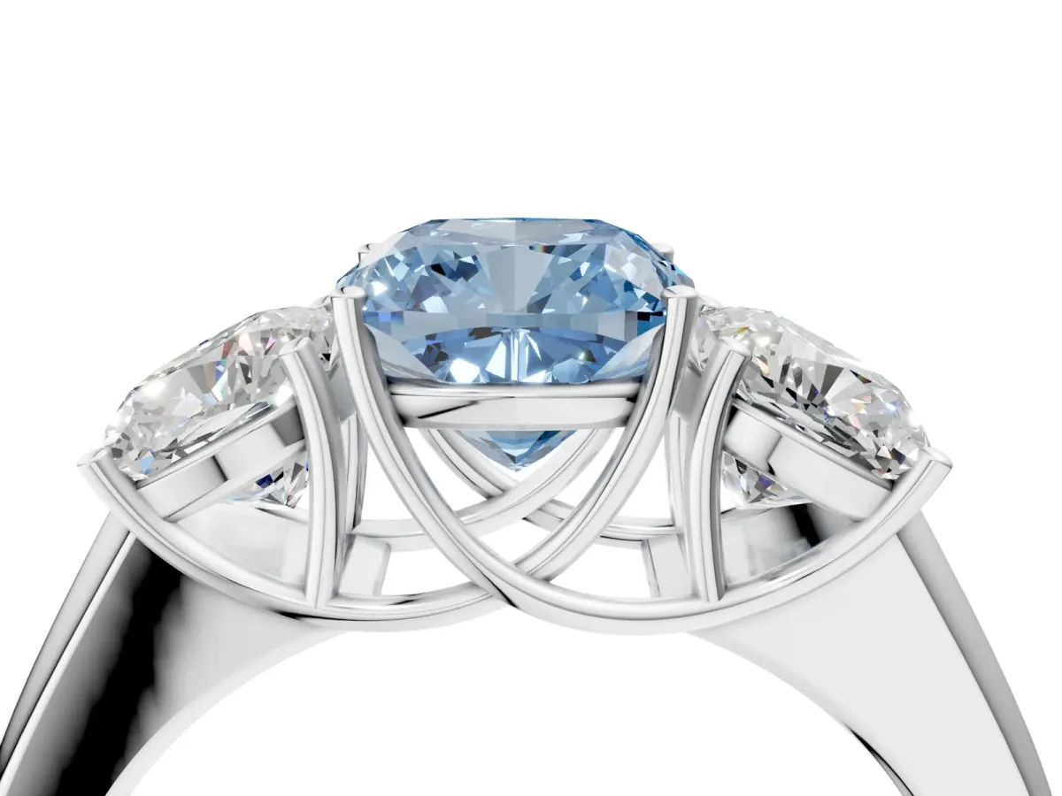 Fancy Blue Three-Stone Cushion Cut Cut Diamond Ring with Prong Setting and Classic Band White gold