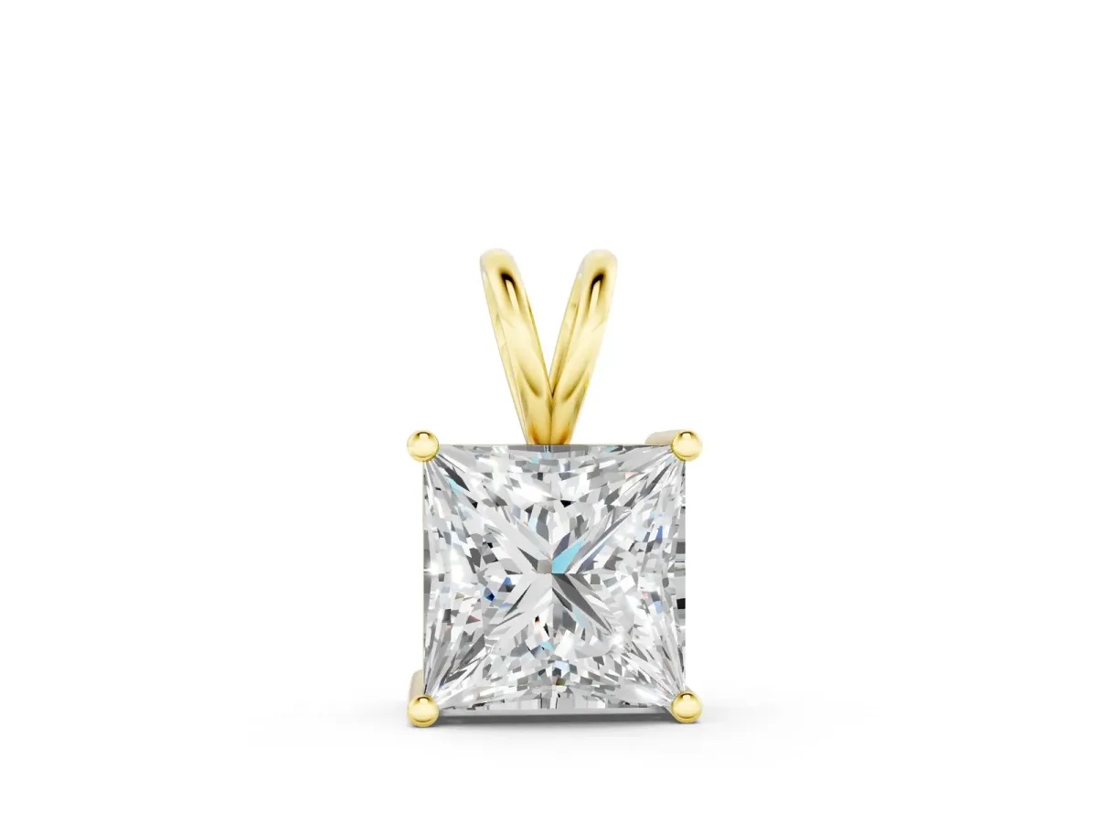 Princess Diamond Solitaire Pendant with Four Prong Setting Yellow gold