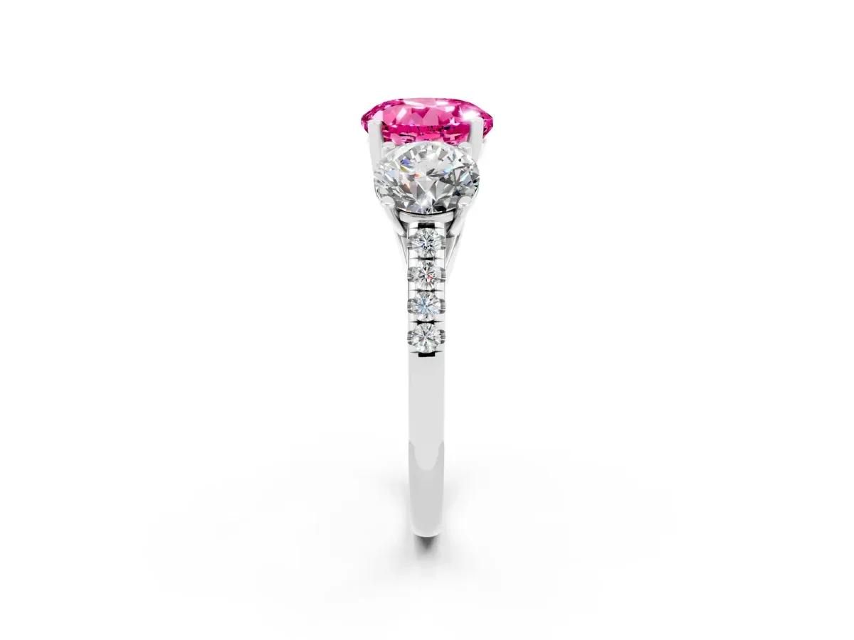 Three-Stone Round Cut Pink Sapphire Ring with Round Pavé Band and Prong Setting Silver