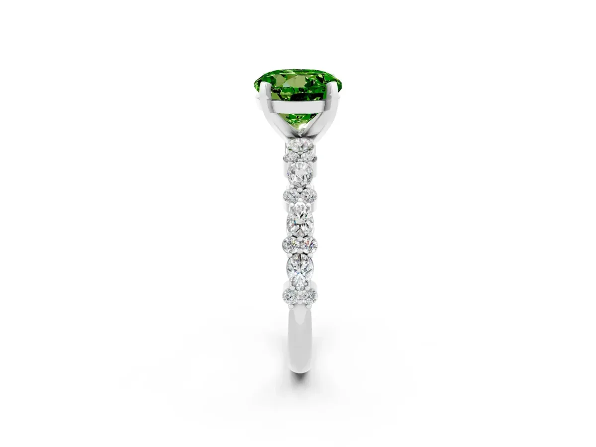 Round Cut Peridot Side Stone Solitaire Ring with Round and Four-Prong Setting Platinum