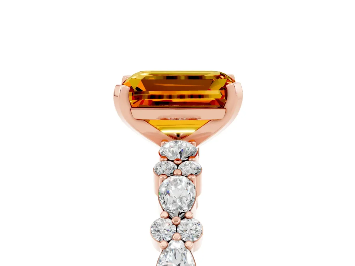 Emerald Cut Citrine Side Stone Solitaire Ring with Round and Four-Prong Setting Rose gold