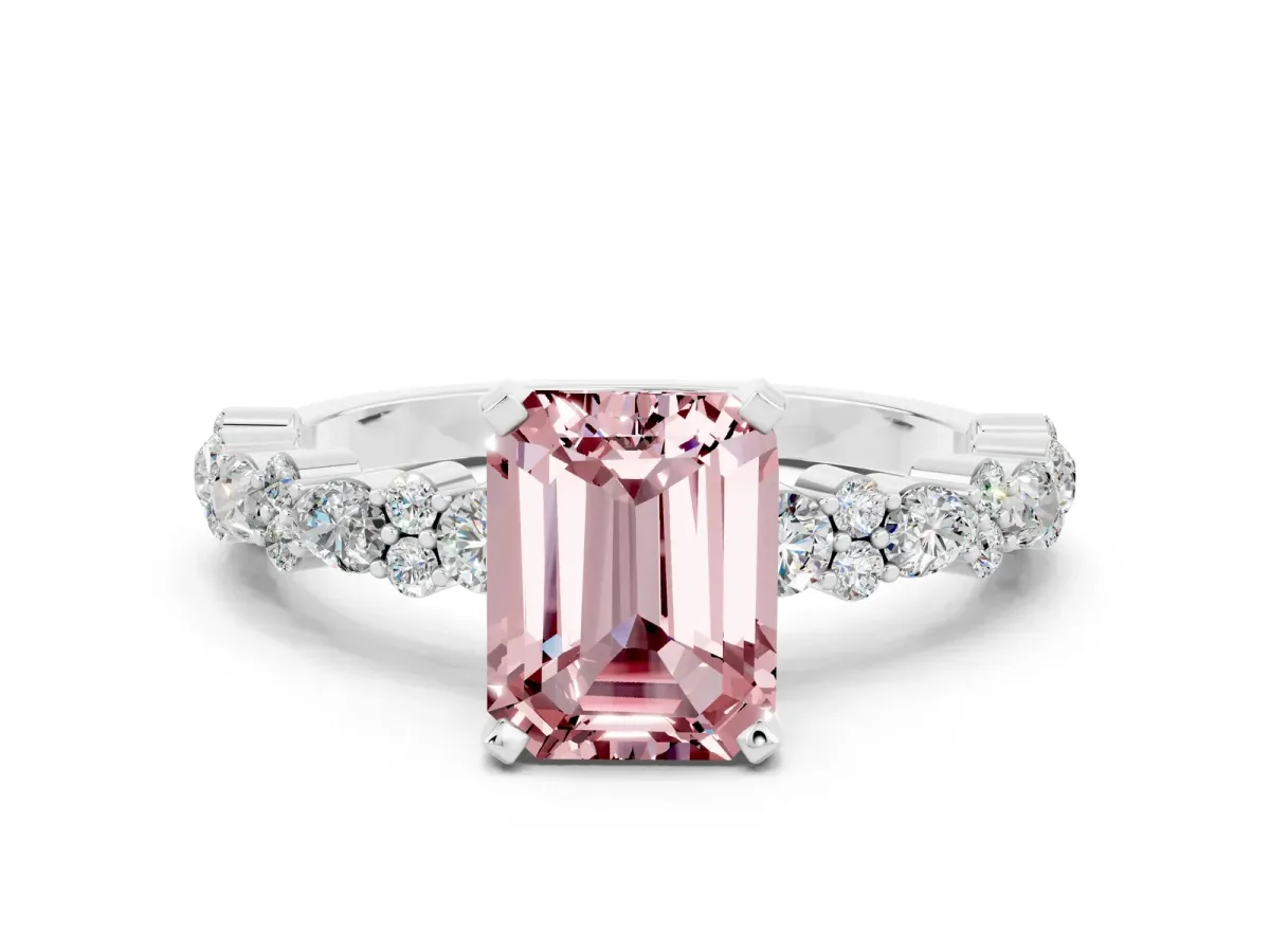 Emerald Cut Morganite Side Stone Solitaire Ring with Round and Four-Prong Setting White gold