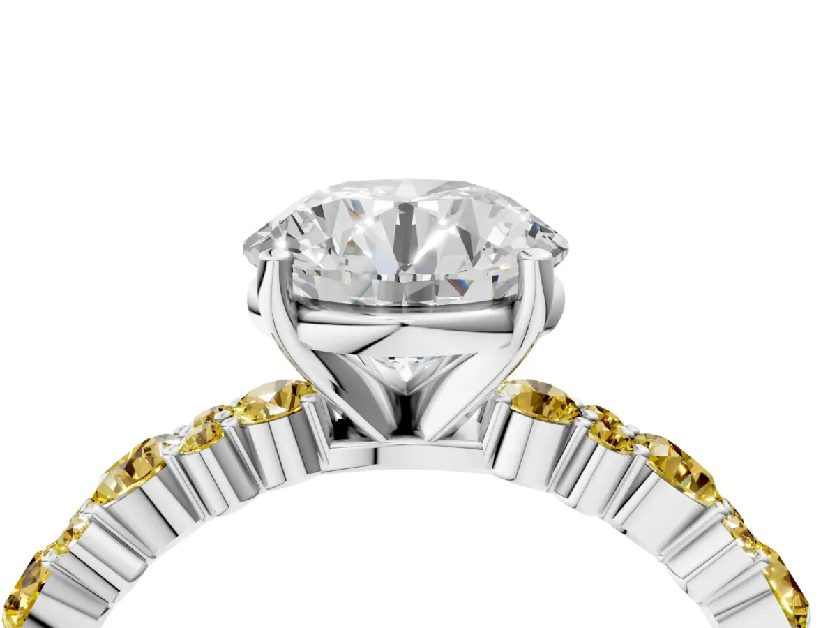 Round Cut Diamond Side Stone Solitaire Ring with Round Yellow Sapphire and Four-Prong Setting Silver