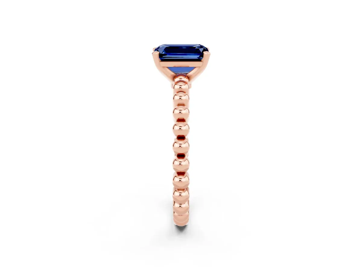 Emerald Cut Blue Sapphire Solitaire Ring with Beaded Band and Prong Setting Rose gold