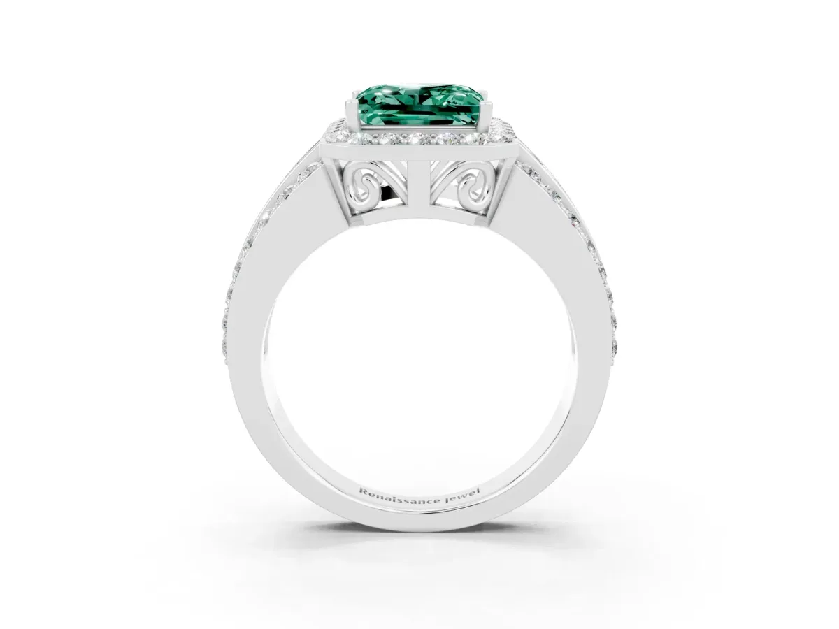 Princess Cut Halo Green Sapphire Ring with Round Split Shank and Prong Setting Silver