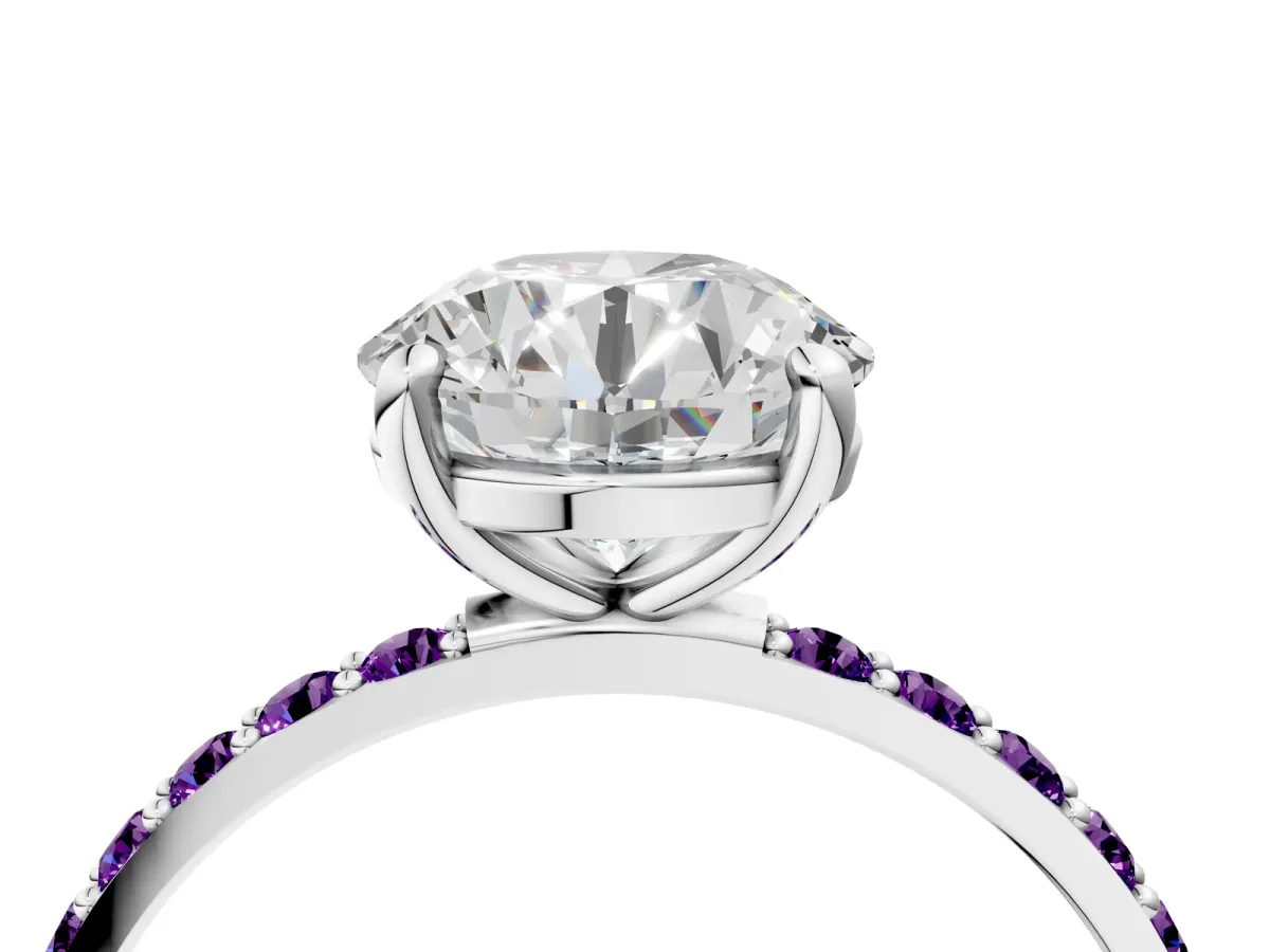 Round Cut Diamond Solitaire Ring with Round Amethyst Pavé Band and Prong Setting Silver